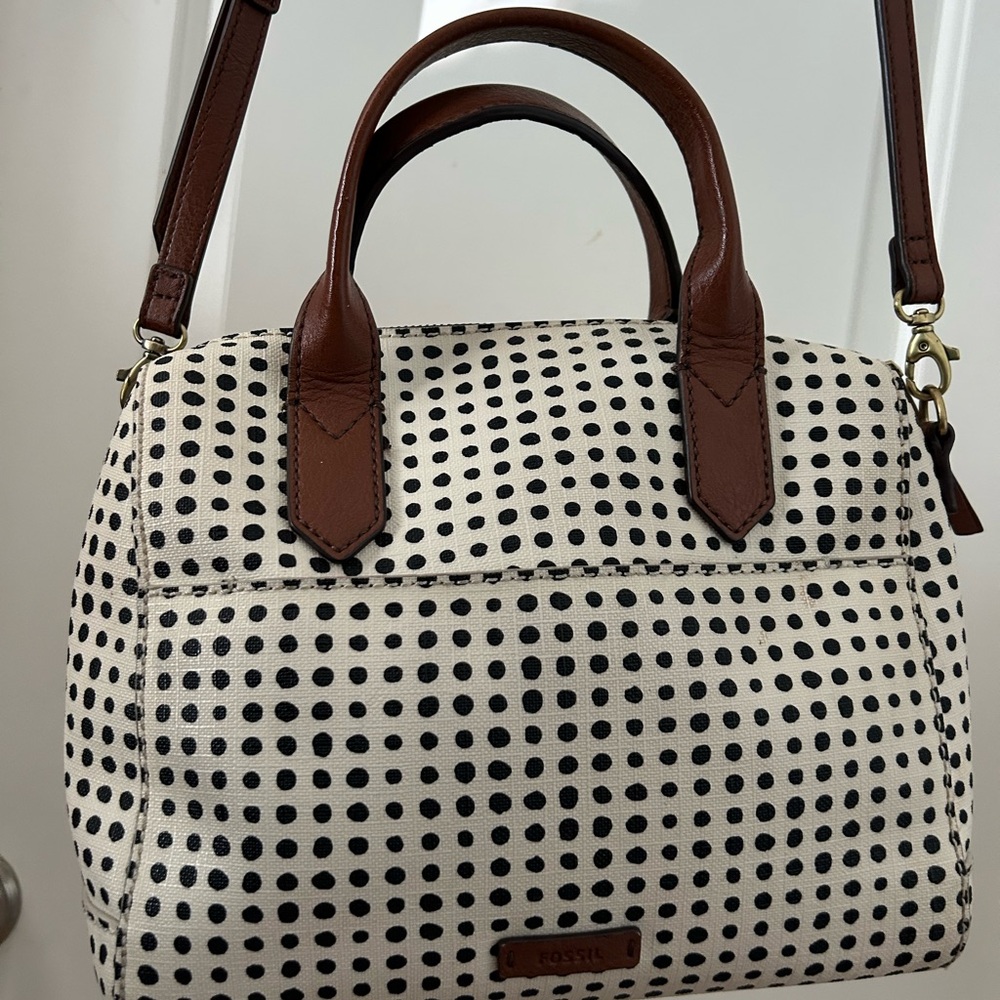 Fossil White Polka Dot Satchel with Brown Trim